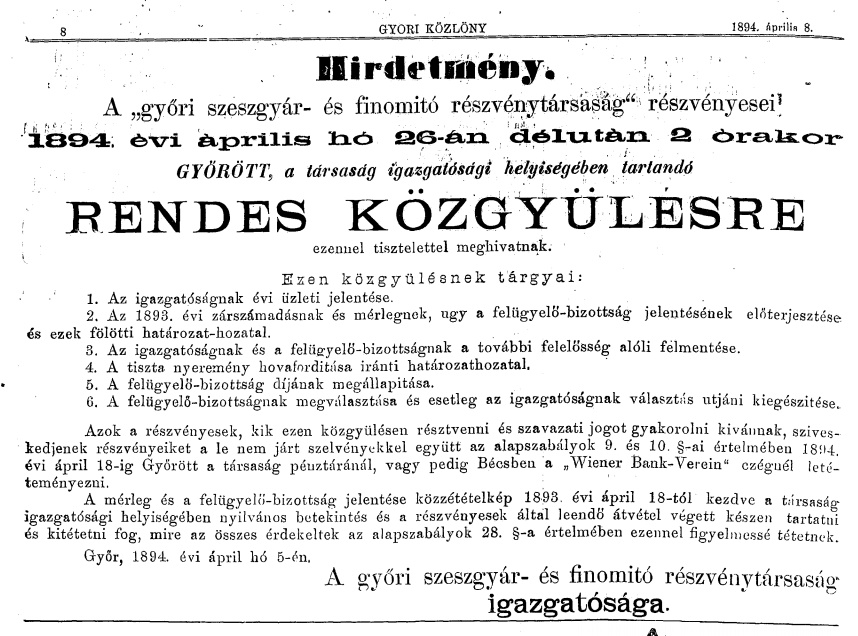 Győri Közlöny 1894. április 8. -  Meghívó rendes közgyűlésre